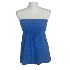 GUESS Blue Eyelet Tube Top Size S Euro Summer Coastal Chic Cinched Bustier Y2K